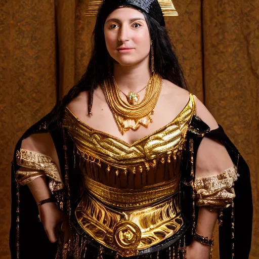 Prompt: portrait of a beautiful phoenician princess with medium - sized black wavy hair, gold - made jewelry over her head and gold jewelry covering her topping chest, with a orientalist smileful face,, excellent lighting, high detail 8 k