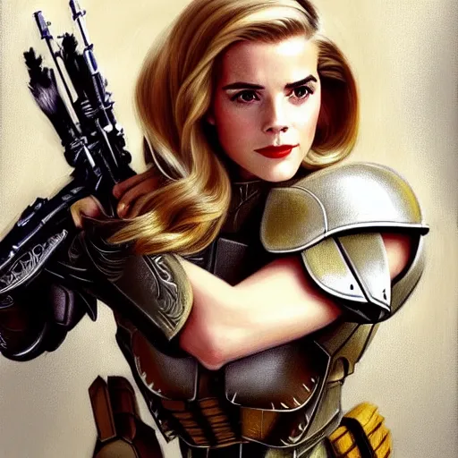 Prompt: A combination of Grace Kelly's and Emma Watson's and Ashley Greene's appearances with blonde hair wearing Master Chief's armor, full body portrait, western, D&D, fantasy, intricate, elegant, highly detailed, digital painting, artstation, concept art, matte, sharp focus, illustration, art by Donato Giancola and James Gurney