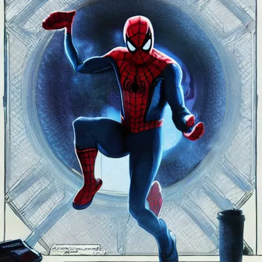 Image similar to ryan reynolds as spider - man, wearing a black and blue suit, cinematic, volumetric lighting, f 8 aperture, cinematic eastman 5 3 8 4 film, photorealistic by greg rutkowski, by stanley artgerm, by alphonse mucha