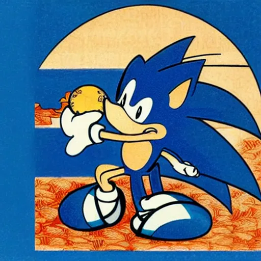 Prompt: sonic the hedgehog drawn by hokusai, ukiyo-e, iconic masterpiece, golden ratio, 4K scan, breathtaking use of color