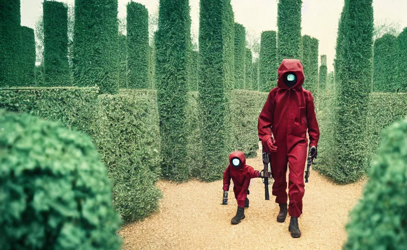 Image similar to cinestill 5 0 d photographic portrait by helen levitt of dark red hazmat scientists with guns walking through a brutalist hedge maze, extreme closeup, cinematic, modern cyberpunk, dust storm, 8 k, hd, high resolution, 3 5 mm, f / 3 2, tenet