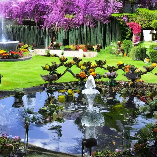 Image similar to tranquil painting of purple garden with green trees and a water fountain in the middle of garden, detailed, 8k, mesmerizing, low saturation, high resolution