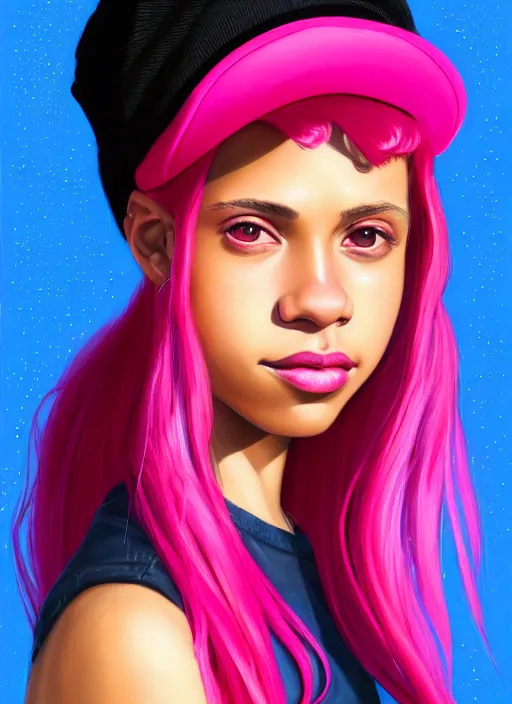 Image similar to portrait of teenage vanessa morgan with bright pink hair, black girl, curly pixie cut hair, wearing newsboy cap, pink short haircut, newsboy cap, hoop earrings, blue eyes, intricate, elegant, glowing lights, highly detailed, digital painting, artstation, concept art, smooth, sharp focus, illustration, art by wlop, mars ravelo and greg rutkowski