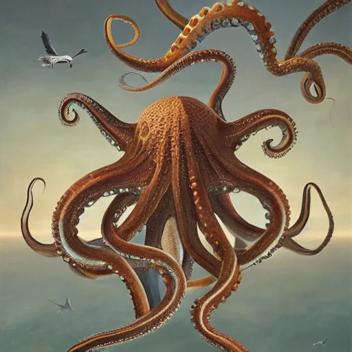 Image similar to an octopus with wings flying with birds, oil on canvas, portrait, intricate, 8k highly professionally detailed, HDR, CGsociety