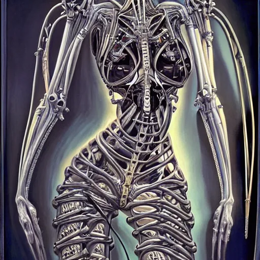 Image similar to britney spears encased in biomechanical machine, heavy conduits, complex scene, rich composition, heavy in detail, corruption, smooth, sharp focus, airbrush, illustration, symmetrical, art by h. r. giger