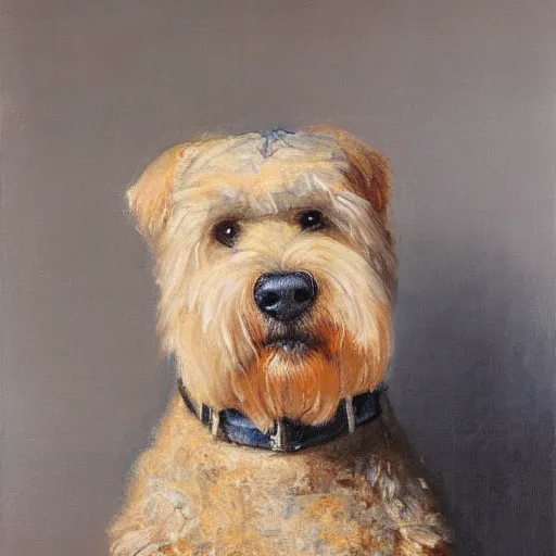 Prompt: portrait of a wheaten terrier wearing a track suit painted as a Rembrandt oil painting