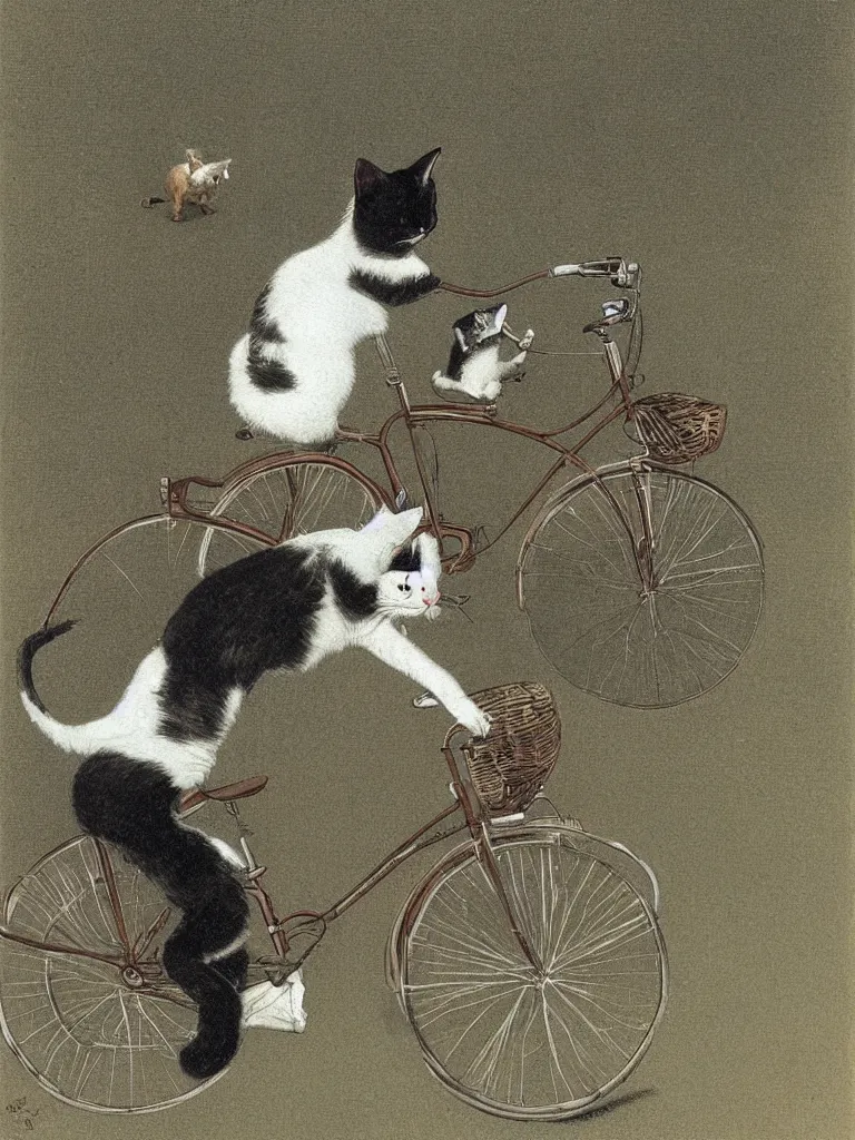 Prompt: A cat driving a bicycle, an illustration by Michael Sowa, but as photography