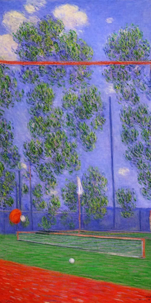 Image similar to tennis court, art by claude monet, impressionism, oil painting, bright colors, advertising painting