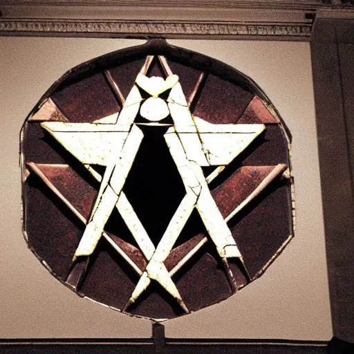 Image similar to looking within the dimly lit masonic temple, punisher symbol in the form of a masonic tile floor mosaic in the form of punisher symbol in spotlight