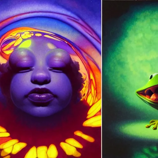 Image similar to transcendent kermit the frog, psychedelic indigo honey flowing like kaleidoscopic translucent amber, lsd waves, honey ripples, enlightenment, dramatic professional lighting, refracted sunset lighting, highly detailed, concept art, art by collier, albert aublet, krenz cushart, artem demura, alphonse mucha