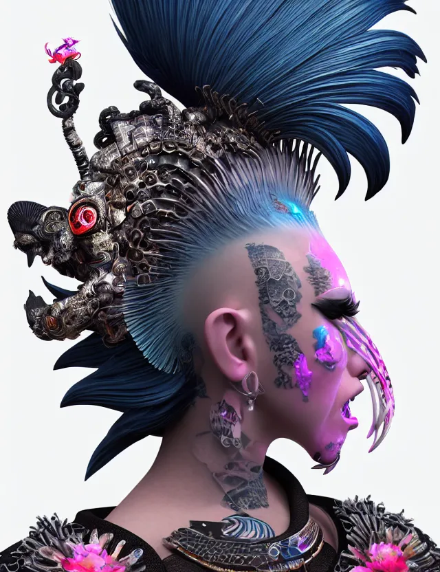 Image similar to 3 d goddess close - up profile portrait punk with mohawk with ram skull. beautiful intricately detailed japanese crow kitsune mask and clasical japanese kimono. betta fish, jellyfish phoenix, bio luminescent, plasma, ice, water, wind, creature, artwork by tooth wu and wlop and beeple and greg rutkowski