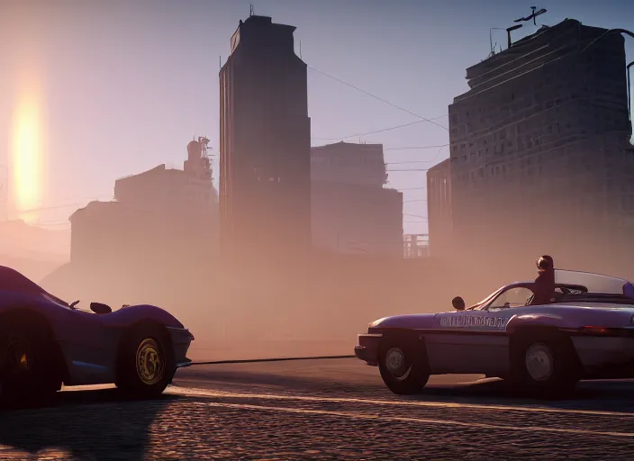 Image similar to gta in moscow, playstation 5 screenshot, symmetrical, mega details, golden hour, fog, beautiful rtx reflections, brutalism buildings, photorealistic, unreal engine 5, octane render, volumetric light, cg society, 4 k, bokeh, lada car, artstation