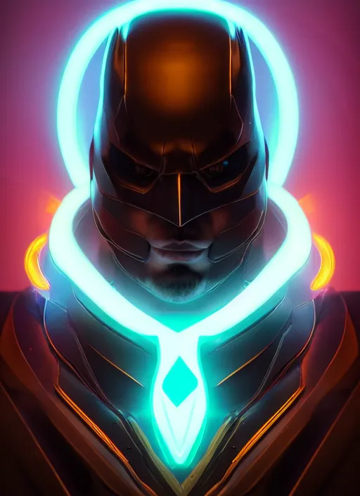 Image similar to glowwave portrait of dark batman from overwatch, au naturel, hyper detailed, digital art, trending in artstation, cinematic lighting, studio quality, smooth render, unreal engine 5 rendered, octane rendered, art style by klimt and nixeu and ian sprigger and wlop and krenz cushart.