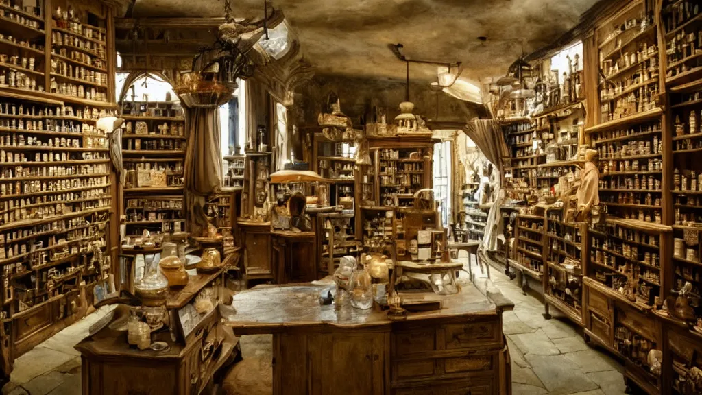 Image similar to 12th century apothecary shop, film still from the movie directed by Denis Villeneuve with art direction by Salvador Dalí, wide lens