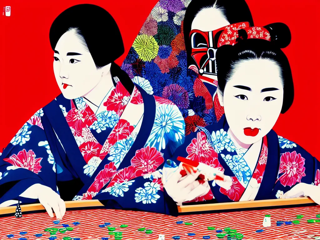 Image similar to hyperrealistic composition of the detailed woman in a japanese kimono sitting at a extremely detailed poker table with detailed darth vader, fireworks, mount fuji on the background, pop - art style, jacky tsai style, andy warhol style, acrylic on canvas