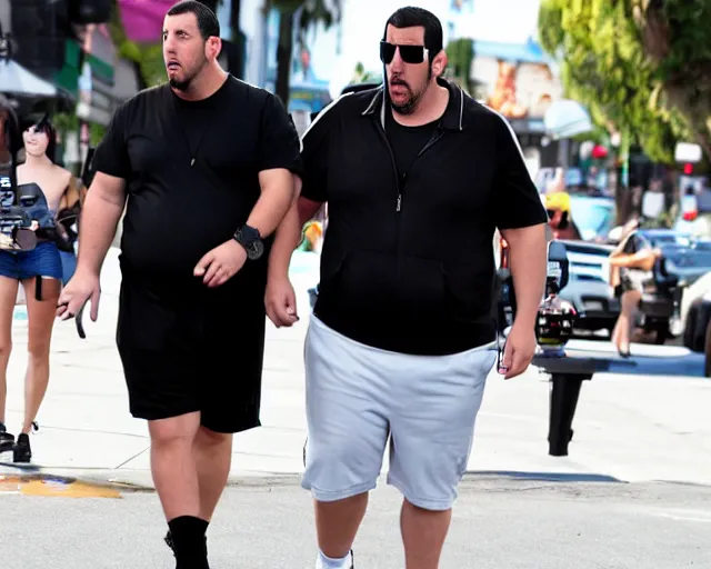 Image similar to fat gamer adam sandler wearing gamer shorts and a goth gf walking in hollywood. espn coverage