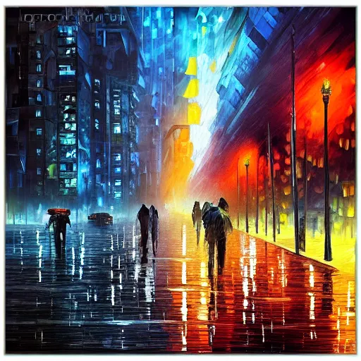 Prompt: “cyberpunk city in the rain, dystopian, style of leonid afremov”