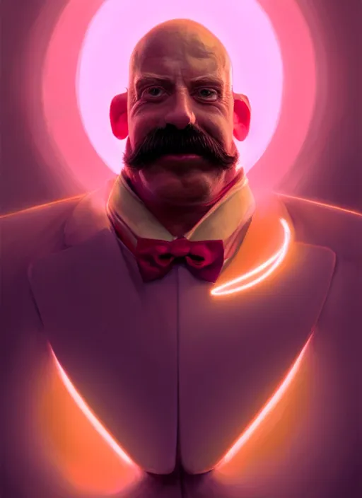 Image similar to portrait of dr robotnik, realistic, skinny, smile, ugly, defined jawline, big chin, pink hair bow, intricate, elegant, glowing lights, highly detailed, digital painting, artstation, sharp focus, illustration, art by wlop, mars ravelo and greg rutkowski