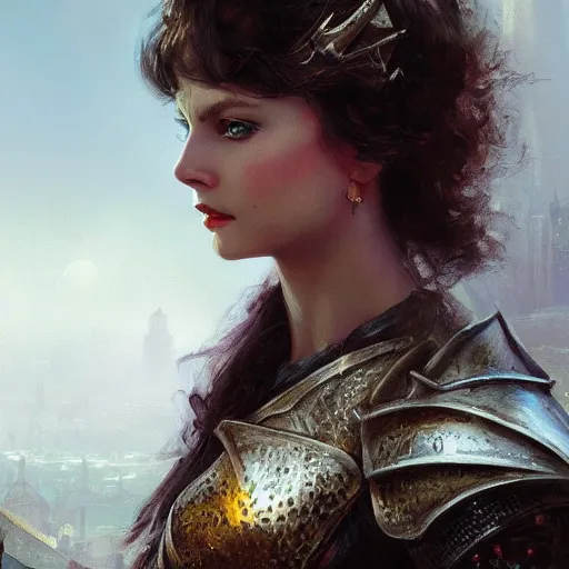 Prompt: closeup portrait of a young vivian leigh as female knight, city background, megacity, high fantasy, dramatic light, gorgeous view, depth, high detail, digital art, painted by greg rutkowski, trending on artstation
