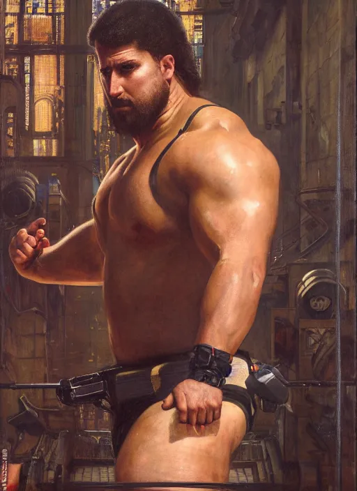 Prompt: big mike. cyberpunk meathead wearing fitness gear. (Cyberpunk 2077, bladerunner 2049). Iranian orientalist portrait by john william waterhouse and Edwin Longsden Long and Theodore Ralli and Nasreddine Dinet, oil on canvas. Cinematic, hyper realism, realistic proportions, dramatic lighting, high detail 4k