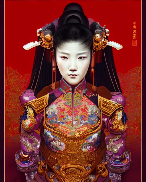 Image similar to portrait of a chinese cyberpunk machine, machine face, arms, upper half portrait, decorated with chinese opera motifs, regal, asian, fine china, wuxia, traditional chinese art intricate intense elegant 京 剧 highly detailed digital painting artstation concept art smooth sharp focus illustration, art by artgerm and greg rutkowski alphonse mucha 8 k