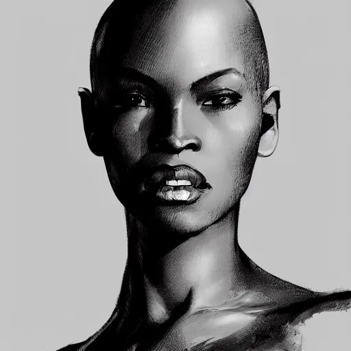 Prompt: portrait of a bald black woman, dramatic lighting, illustration by Rossdraws, yoji shinkawa, 4k, digital art, concept art, trending on artstation