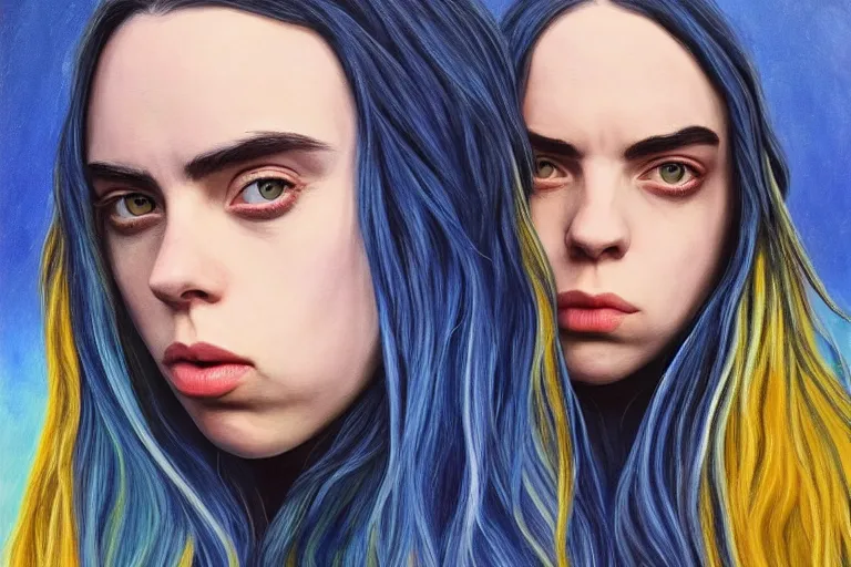 Image similar to billie eilish, fantasy, painting, ultra realistic!!!, clear weather, golden hour, sharp focus