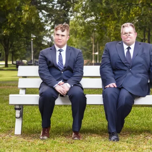 Prompt: two clean - shaven chubby white men in suits and neckties sitting on a park bench, holding manila folders.