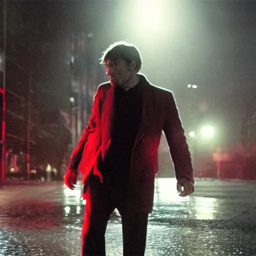 Prompt: mads mikkelsen in the pouring with red light shining on him, rain, film still, futuristic new york city, night time,