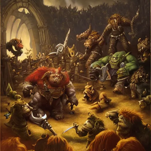 Image similar to knights vs orcs, oil painting by justin gerard, deviantart