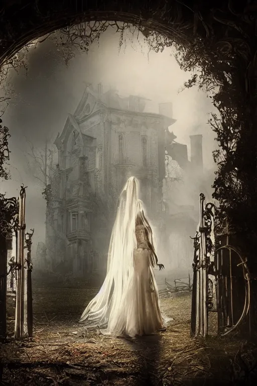 Image similar to a zombie bride with flowing dress and veil at the ornate gate of a decrepit house, night, mist, smoke, scary, spooky, dramatic lighting, moody, style of stephen jones, bernie wrightson, derek riggs, virgil finlay, fantasy, horror, octane render 8 k