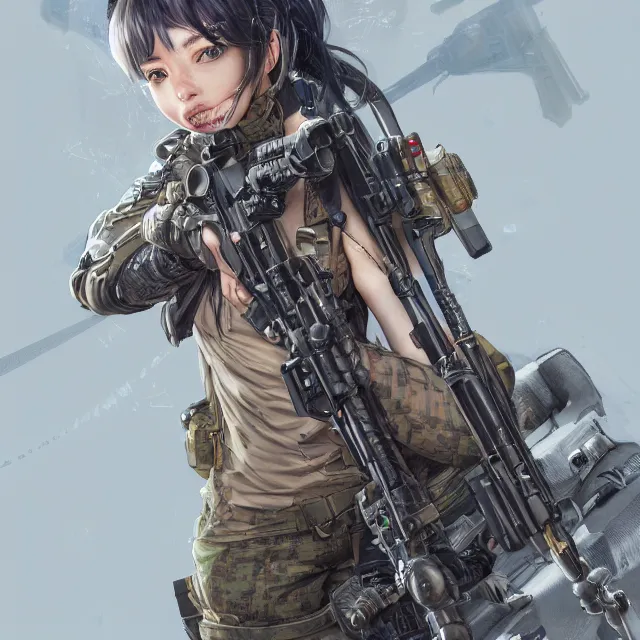 Image similar to the photorealistic portrait of lawful neutral female futuristic marine sniper as absurdly beautiful, gorgeous, elegant, young anime gravure idol, an ultrafine hyperdetailed illustration by kim jung gi, irakli nadar, intricate linework, bright colors, octopath traveler, final fantasy, unreal engine 5 highly rendered, global illumination, radiant light, detailed and intricate environment