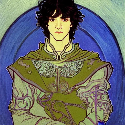 Image similar to portrait painting of young handsome beautiful paladin elf!! man with long! wavy dark hair in his 2 0 s named taehyung minjun at the blueberry party, wearing armor!, long hair, elf ears, blue eyes, blueeyes!, elegant, delicate, soft facial features, art, art by alphonse mucha, vincent van gogh, egon schiele,