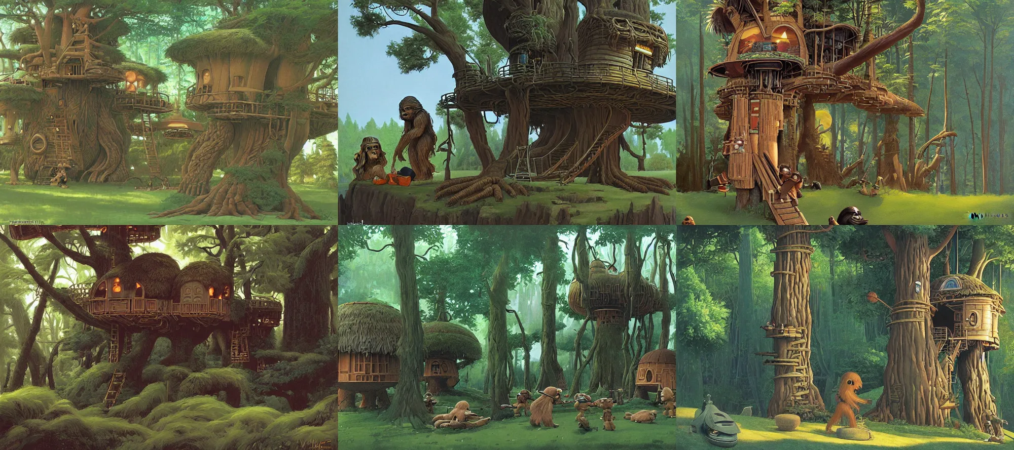 Prompt: wookiee treehouse village painting by ralph mcquarrie