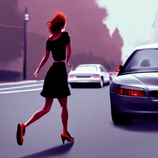 Image similar to pretty women dodging a moving car, photorealistic, in the style of greg rutkowski, detailed face, full body