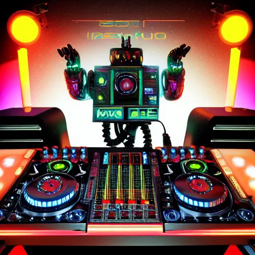 Image similar to album art, text : roborock, 3 steampunk spaced out robots on a dj desk with a cd mixer, 8 k, flourescent colors, halluzinogenic, multicolored, exaggerated detailed, front shot, 3 d render, octane