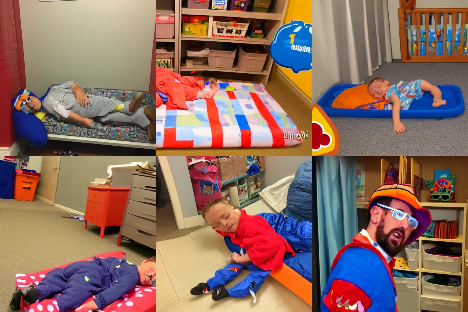 Prompt: blippi sleeping in the backrooms