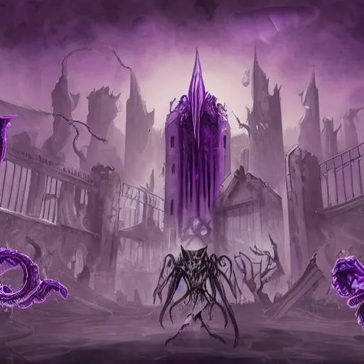 Image similar to purple, eldritch, corruption, sickness, taint, magic, spreading across a dead city