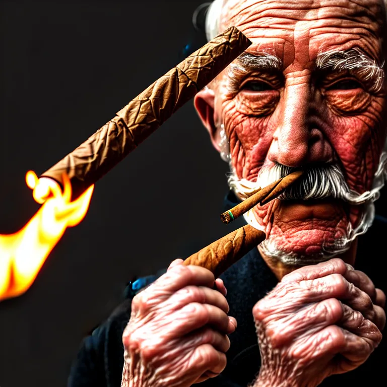 Prompt: a detailed portrait of an old man, smoking a lit perfectly symmetrical cuban cigar, cinematic photography, smoke rising like clouds, beautifully symmetrical, super resolution, cgi, trending on art station, volumetric lighting & shadows, hyper detailed, 8 k, unreal engine, canon 2 0 0 mm,