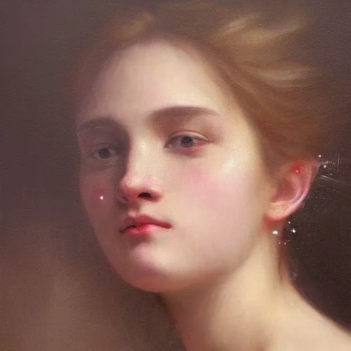 Image similar to hyperrealistic oil painting of woman, oil paint drips, dim volumetric lighting, 8 k octane beautifully detailed render, post - processing, portrait, extremely hyper - detailed, intricate, epic composition, cinematic lighting, masterpiece, by william - adolphe bouguereau, trending on artstation, very very detailed, masterpiece, stunning,