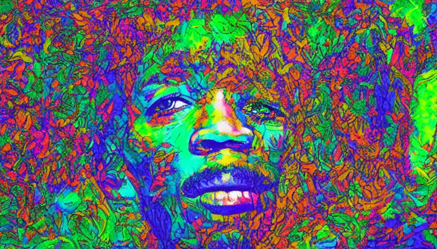 Prompt: landscape Jimy Hendrix in psychrdelic dmt lsd forest, photorealistic, artgerm, artwork by Arian, Mark