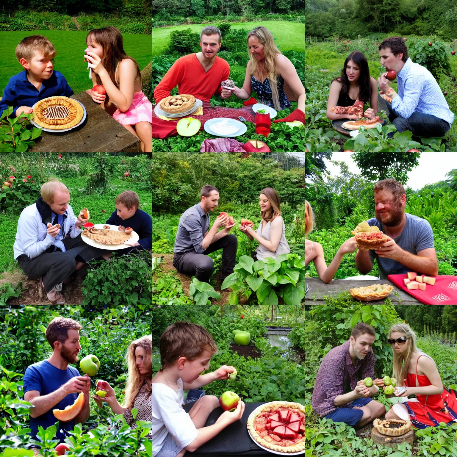 Prompt: Adam and Eve eatng apple based pie in the eden garden.