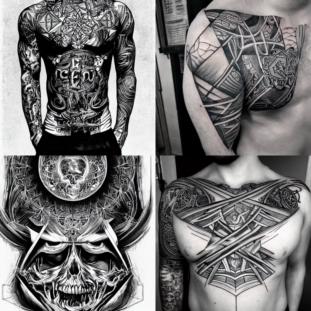 Prompt: Black and white detailed sketch, cross hatch, hyper surrealism, chest tattoo, esoteric 4k