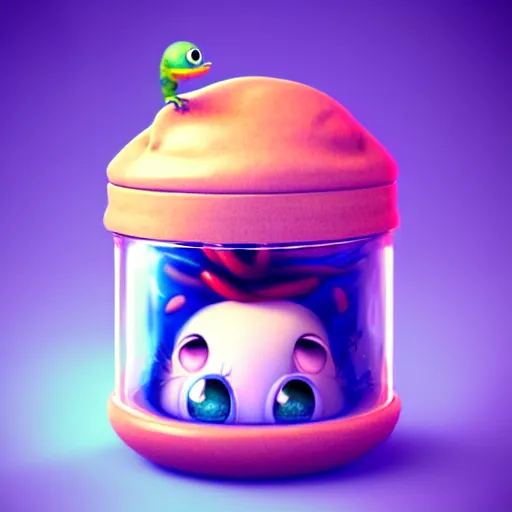 Prompt: cutie creature in a jar, digital art, 3 d, maya render, masterpiece, mega detailed, pixar, disney, vivid illustration, fantasy