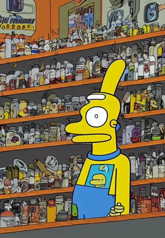 Image similar to a character from the show futurama in a shop, looking at camera, extremely detailed, sci - fi illustration, art by matt groening, futurama animation artstyle