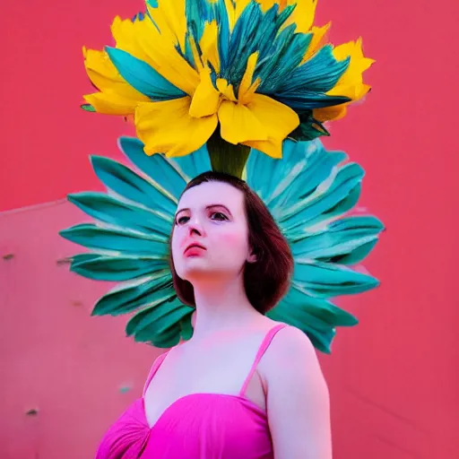 Image similar to giant flower head, frontal, girl standing in mid century hotel, surreal, symmetry, bright colors, cinematic, wes anderson