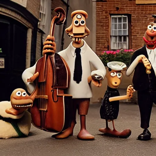 Prompt: jazz trio in Wallace & Gromit