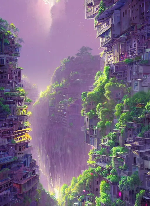 Image similar to city built on terraces in a gigantic canyon, lots of buildings connected by hanging bridges, waterfalls, glow coming from amber veins in the ground, lush vegetation, pitchblack sky, extremly detailed digital painting, in the style makoto shinkai and alena aenami, rim light, beautiful lighting, 8 k, stunning scene, raytracing, octane, trending on artstation