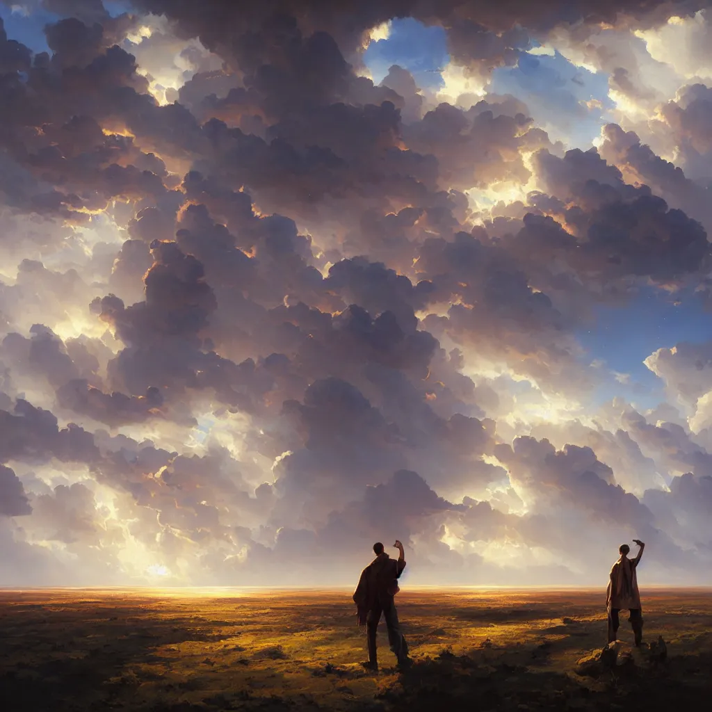 Image similar to a sending down [ of the revelation ] from him who created the earth and the lofty heavens, overdetailed art, by greg rutkowski, by rhads, sharp focus, man standing