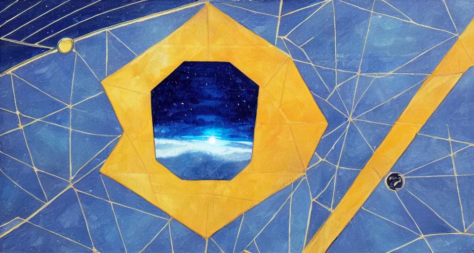 Prompt: solar sail in the shape of a hexagon blocking the sun, art deco painting